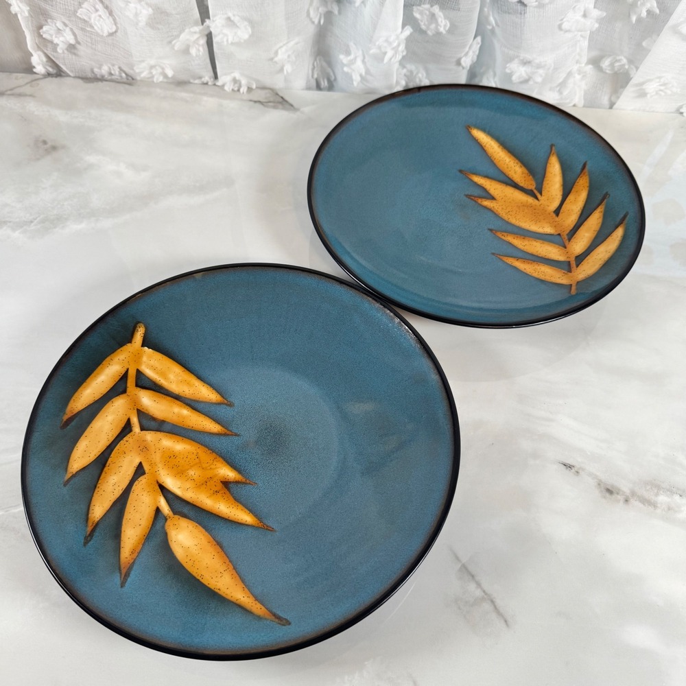 Baum‎ Olive Leaves Collection Dinner Plates Lot of 2 Speckled Blue Tan 11.5"